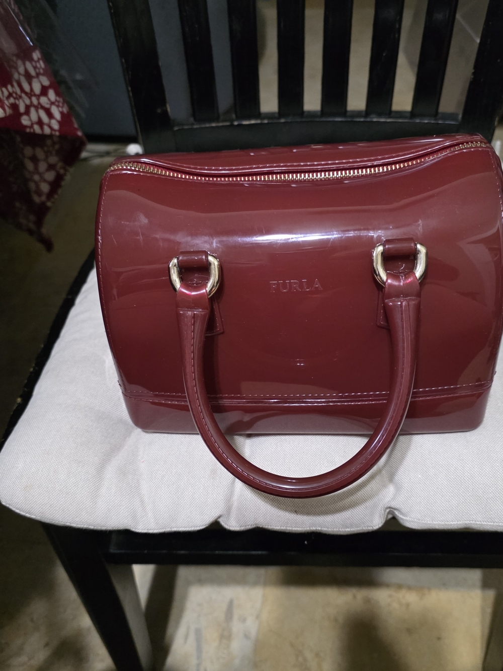Furla Burgundy Patent Dome Satchel with Gold Hardware Used Candy Bag